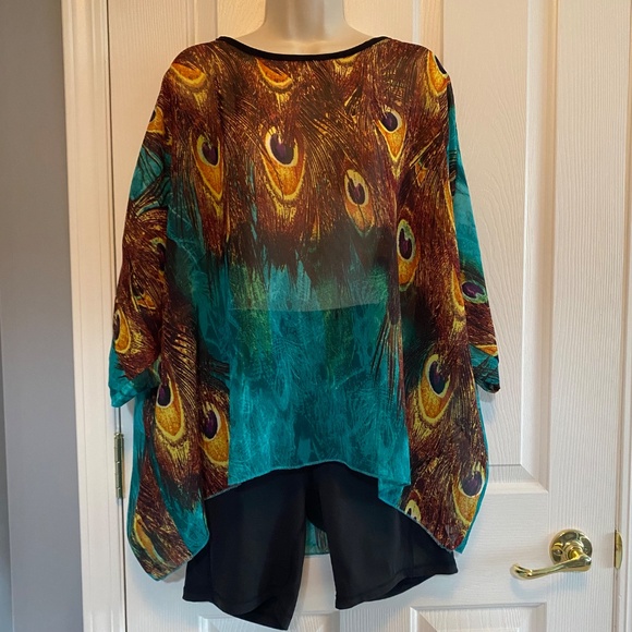 BUY 2 ITEMS GET 1 FREE - Sheer Chiffon Blouse in Peacock Design, OS - Picture 4 of 8